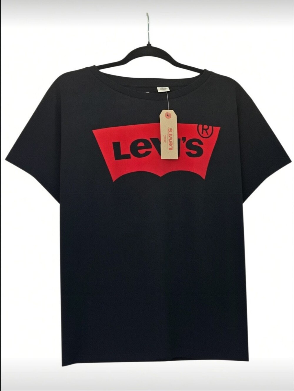 Levi's Women's Batwing Logo Black T-Shirt Red Logo Size L NWT Irregular